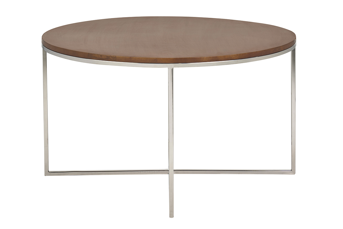 Table basse ronde en manguier massif et m�tal chrom�, vue de face
