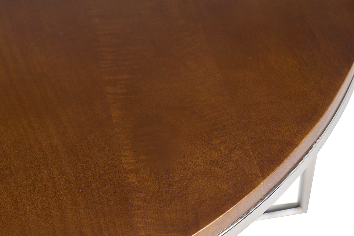 Table basse ronde en bois manguier massif teint�, pi�tement en m�tal chrom�, vue de dessus.