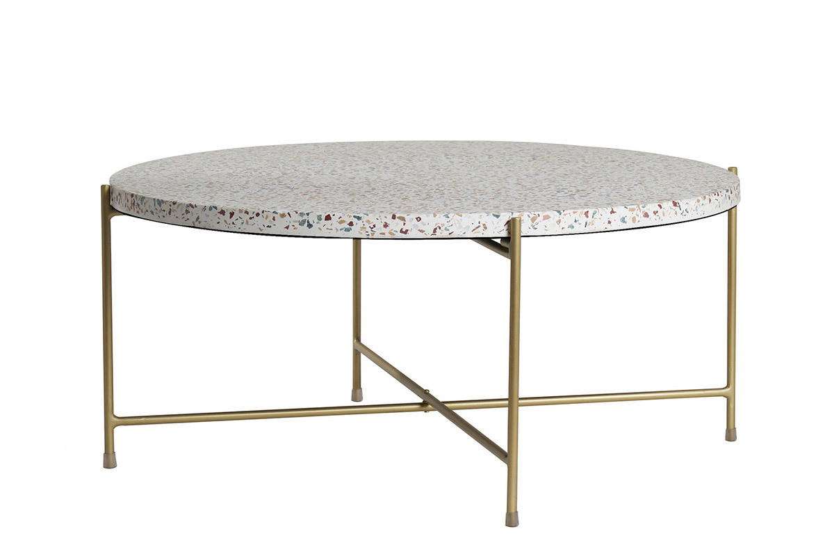 Table basse ronde design en terrazzo et m�tal dor� D81 cm MEZZO