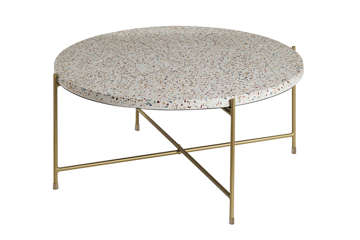 Table basse ronde design en terrazzo et m�tal dor� D81 cm MEZZO