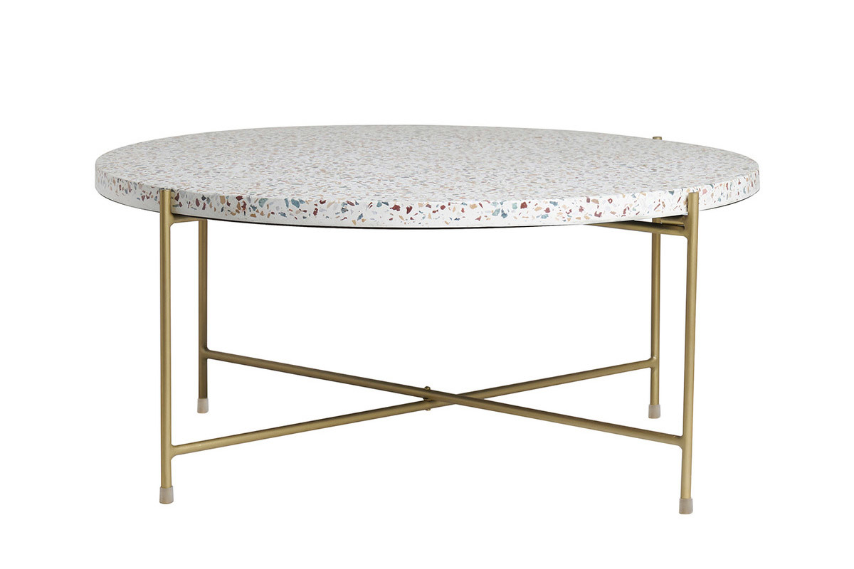 Table basse ronde design en terrazzo et m�tal dor� D81 cm MEZZO