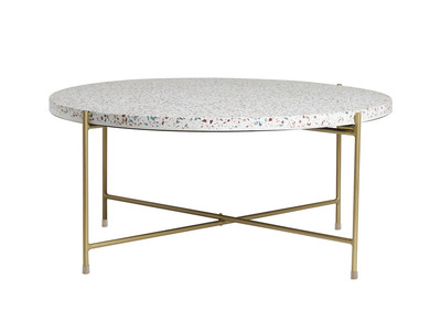 Table basse ronde design en terrazzo et m&eacute;tal dor&eacute; D81 cm MEZZO