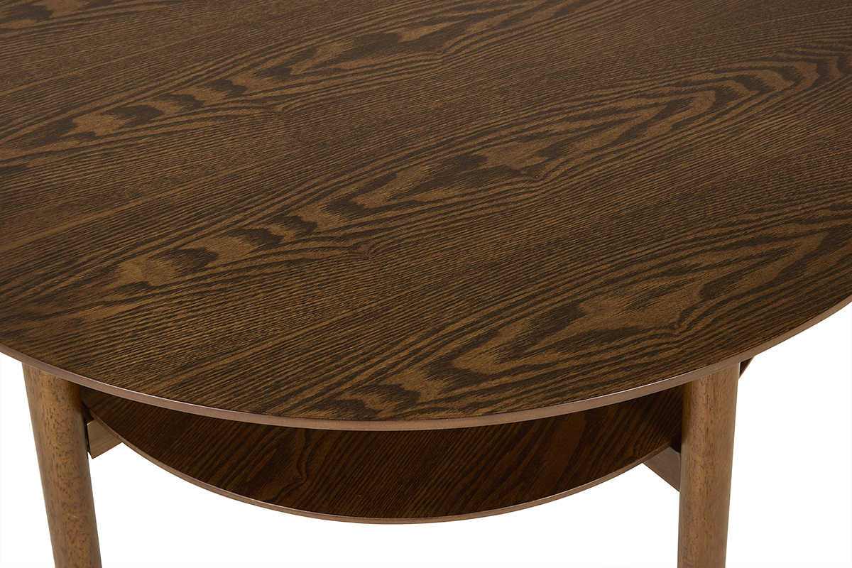 Table basse ronde en bois fonc� avec double plateau, vue de dessus.