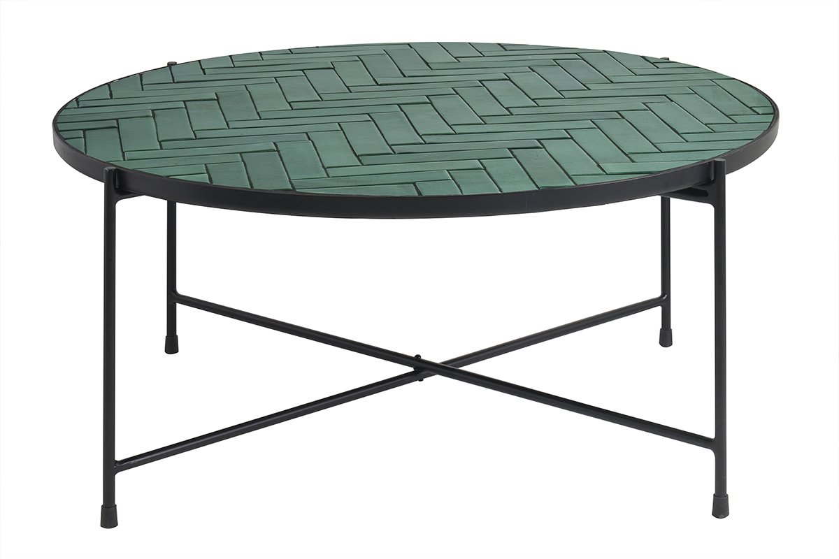 Table basse ronde en c�ramique vert fonc� et m�tal noir de 80.5 cm KOTTA