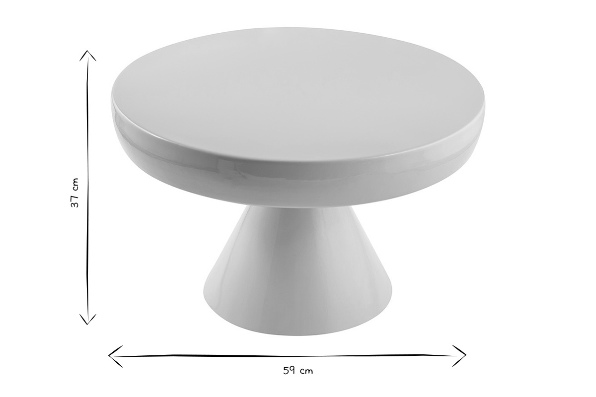 Dimensions de la table basse ronde en m�tal �maill� beige D59 cm, vue de dessus, 37 cm de hauteur.