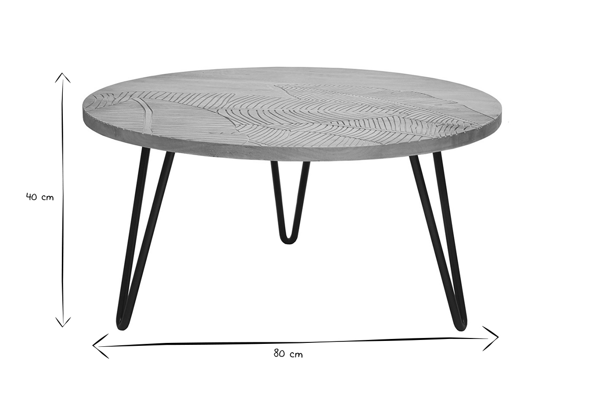 Table basse ronde grav�e bois manguier massif et m�tal noir D80 cm VIBES