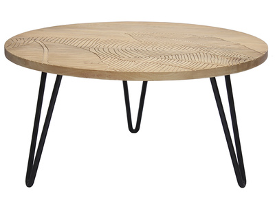Table basse ronde grav&eacute;e bois manguier massif et m&eacute;tal noir D80 cm VIBES