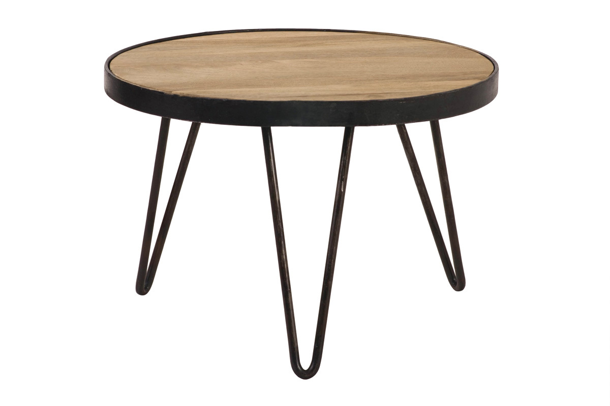 Table basse ronde industrielle en bois manguier massif et m�tal noir, vue de trois quarts.