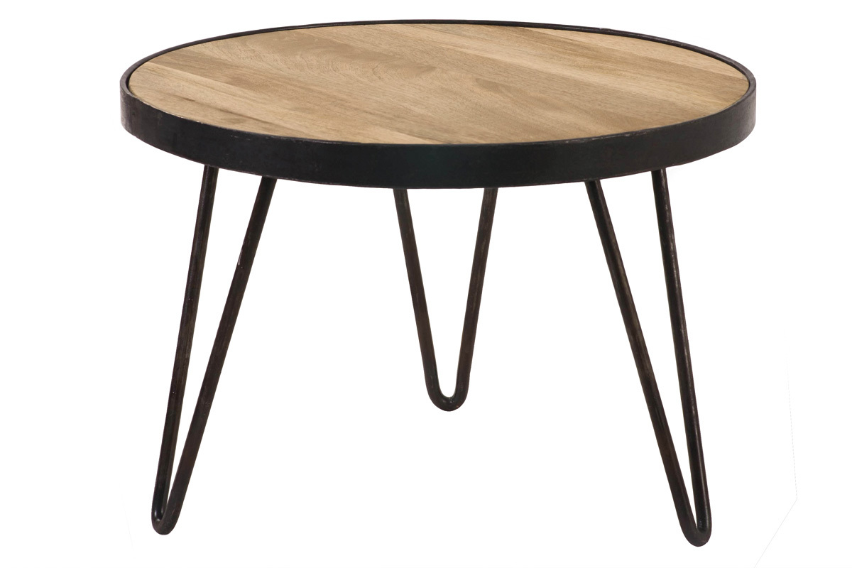Table basse ronde industrielle en bois manguier massif avec pieds en m�tal noir, vue de trois quarts.