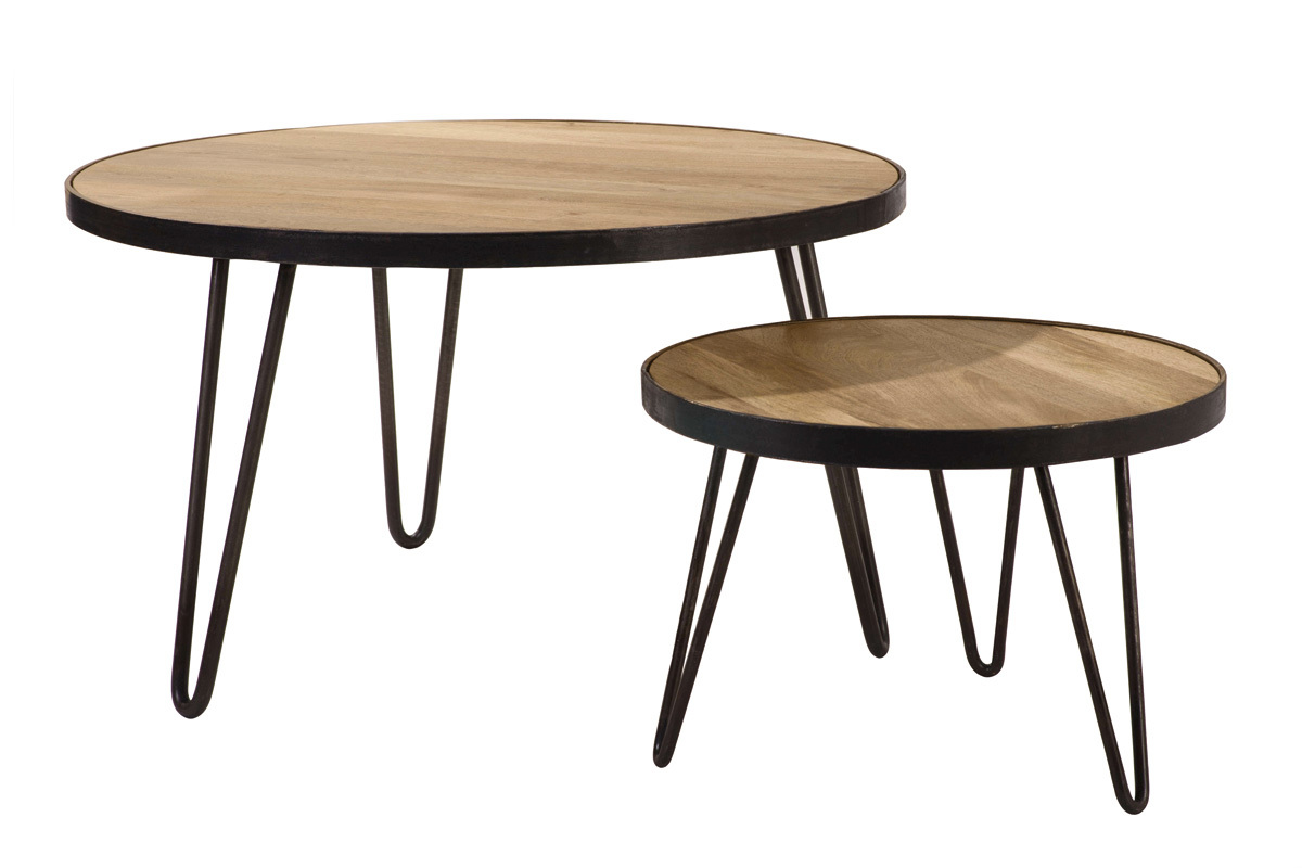 Table basse ronde ATELIER en manguier massif et m�tal noir vue de profil, D50 cm