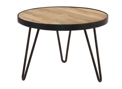 Table basse ronde industrielle bois manguier massif et m&eacute;tal noir D50 cm ATELIER