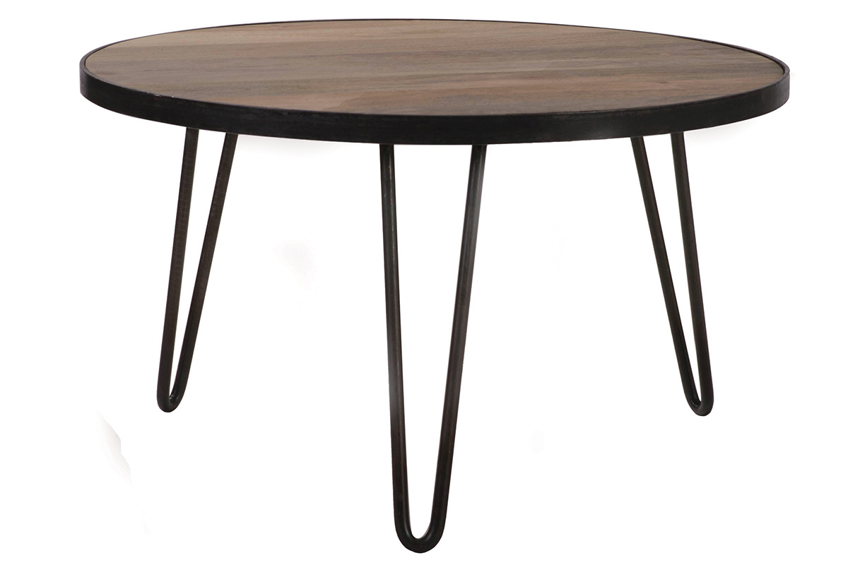 Table basse ronde industrielle bois manguier massif et m�tal noir L80 cm ATELIER