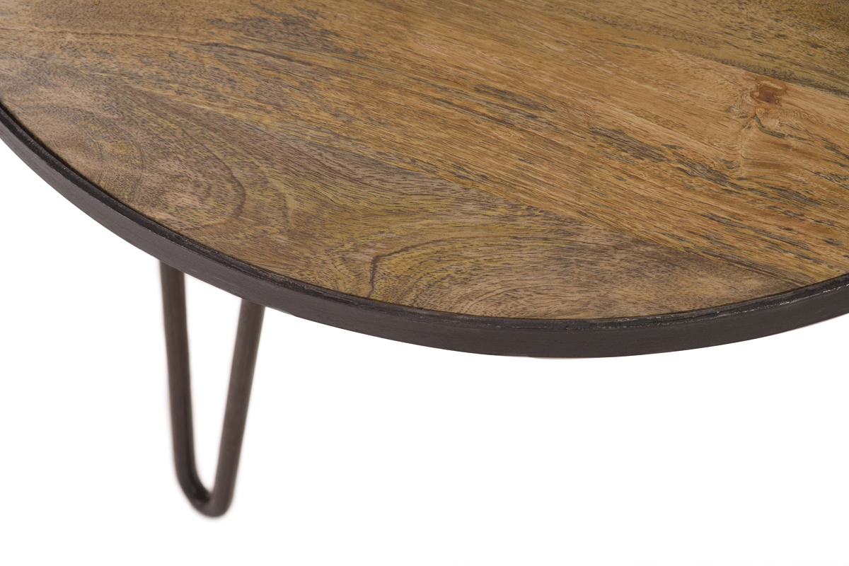Table basse ronde industrielle bois manguier massif et m�tal noir L80 cm ATELIER