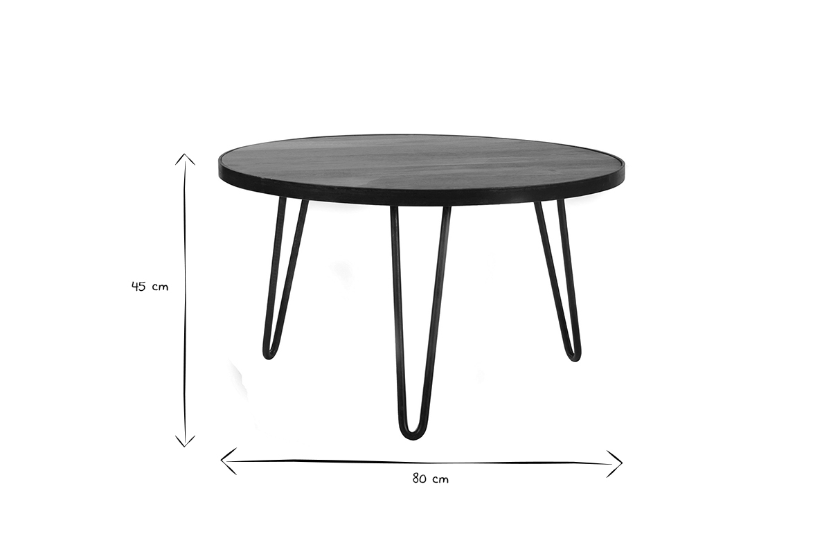 Table basse ronde industrielle bois manguier massif et m�tal noir L80 cm ATELIER