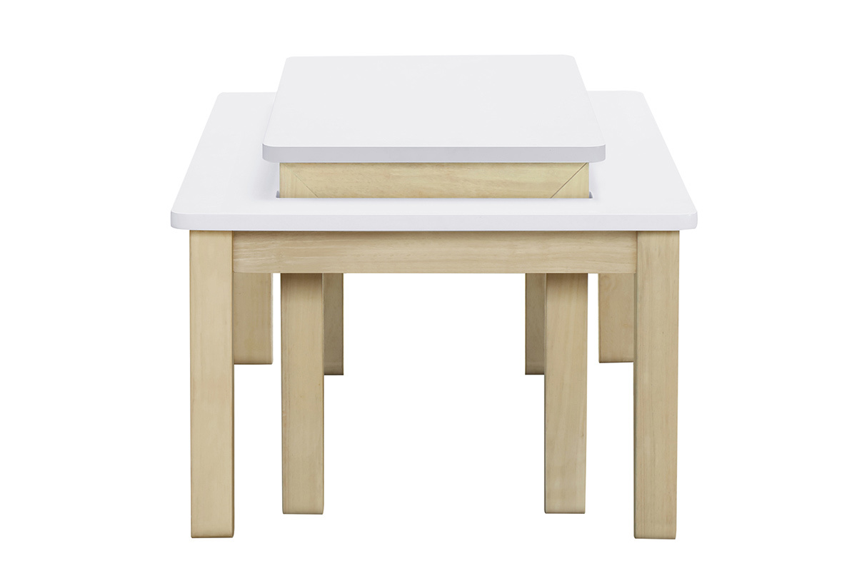 Table basse scandinave avec banc int�gr� blanc et bois clair L110 cm CYBEL