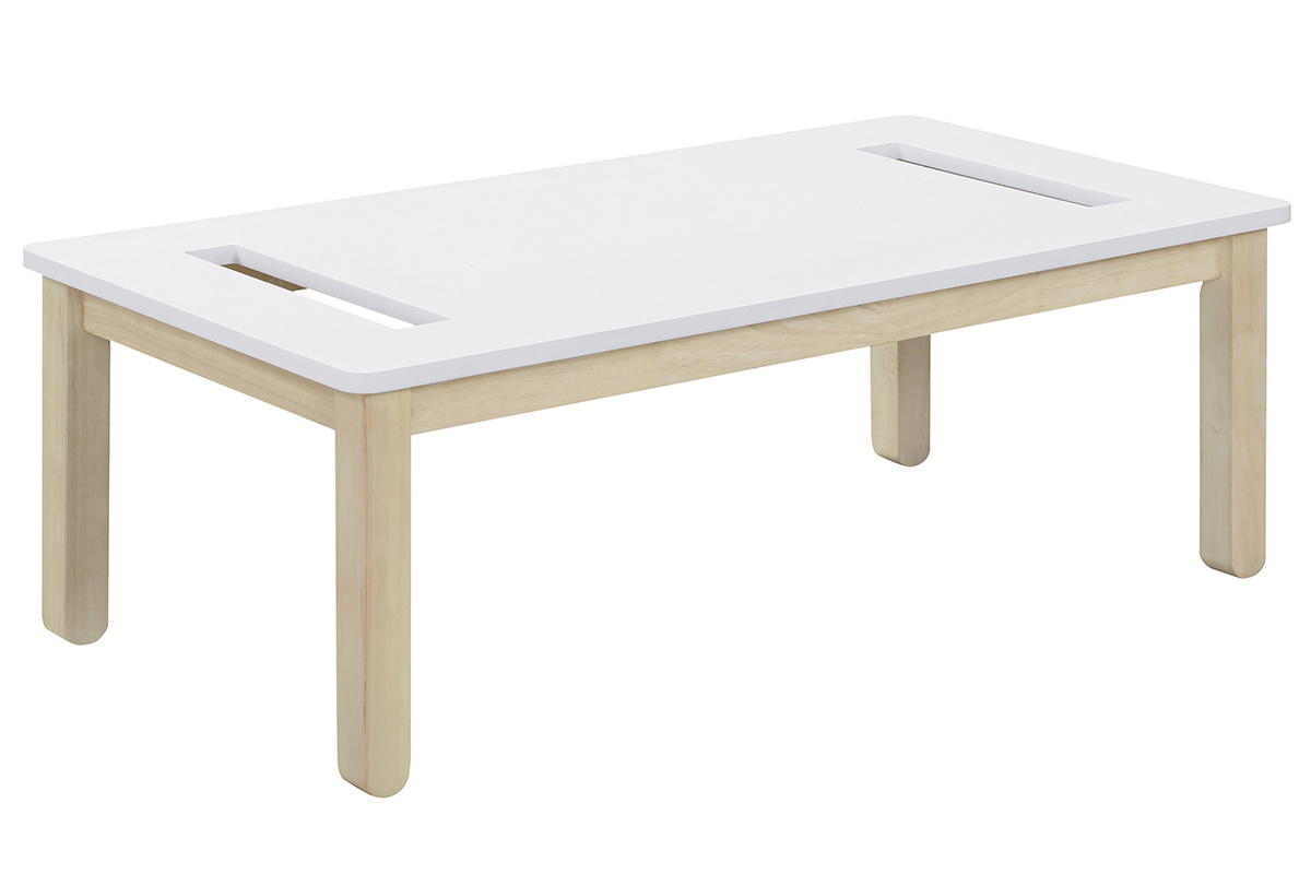 Table basse scandinave avec banc int�gr� blanc et bois clair L110 cm CYBEL