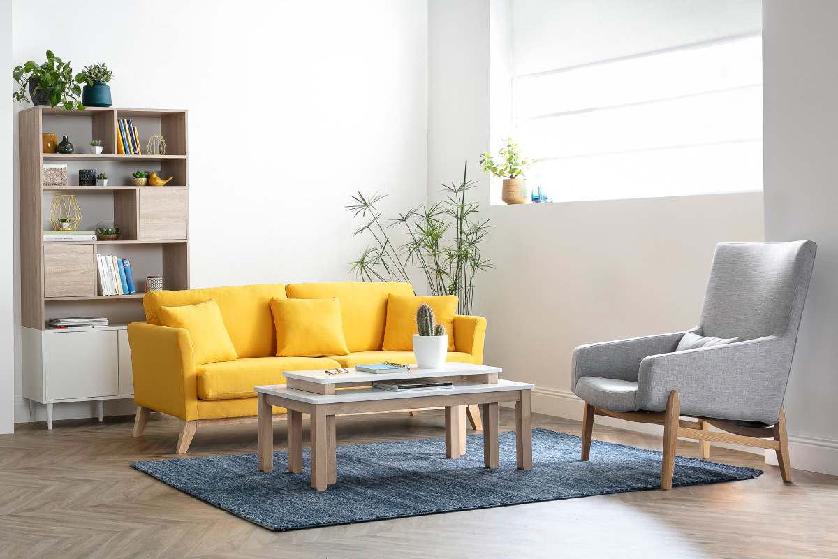 Table basse scandinave avec banc int�gr� blanc et bois clair L110 cm CYBEL