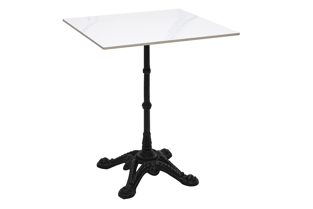 Table bistrot carr�e en marbre avec pied central en fonte noire.