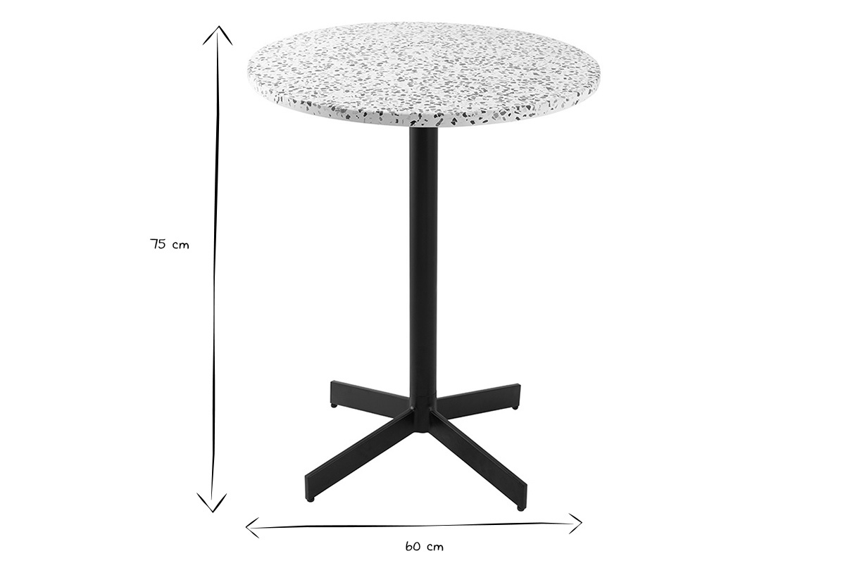 Table ronde en terrazzo et m�tal noir, dimensions 75 cm de hauteur et 60 cm de diam�tre, vue de profil.