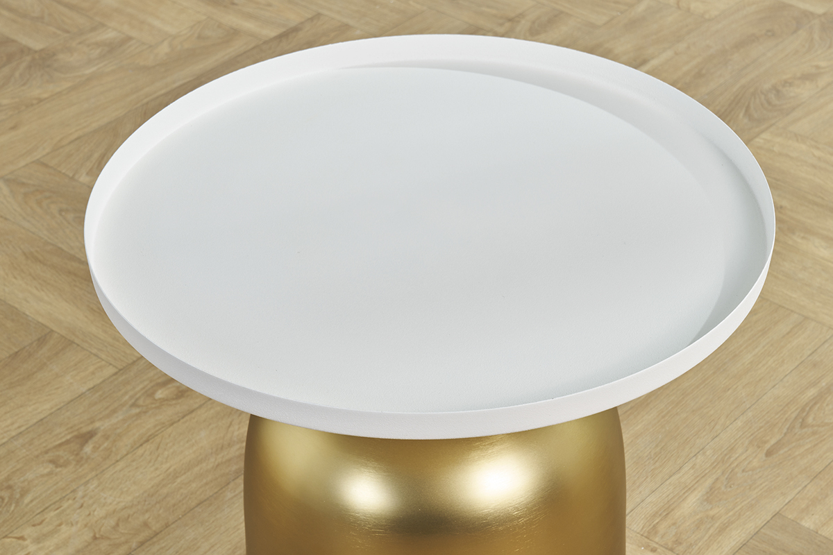 Table d'appoint design ronde en m�tal dor� et plateau blanc mat RAMSES