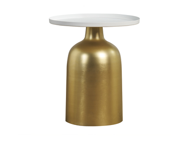 Table d'appoint design ronde en m&eacute;tal dor&eacute; et plateau blanc mat RAMSES