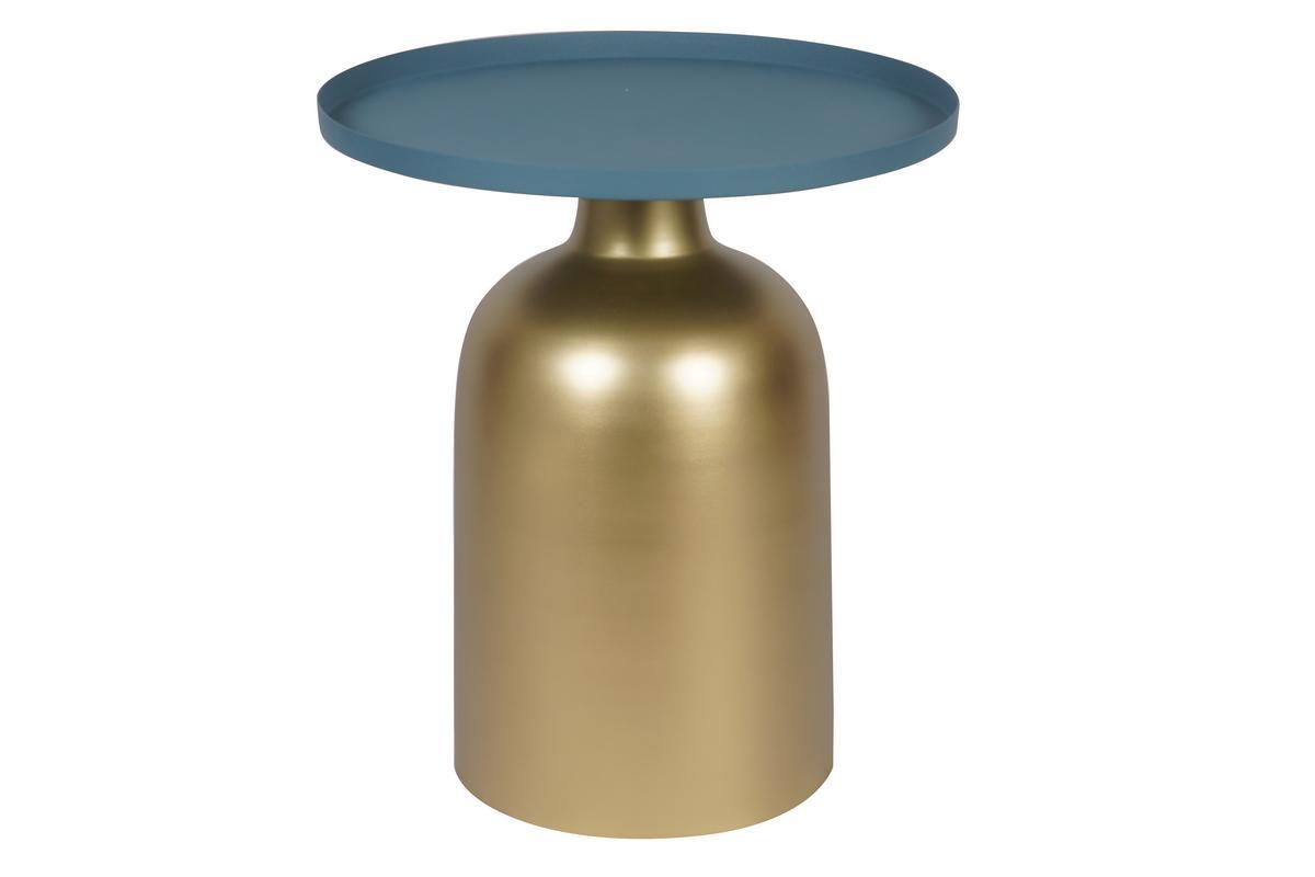 Table d'appoint design ronde en m�tal dor� et plateau bleu p�trole mat RAMSES
