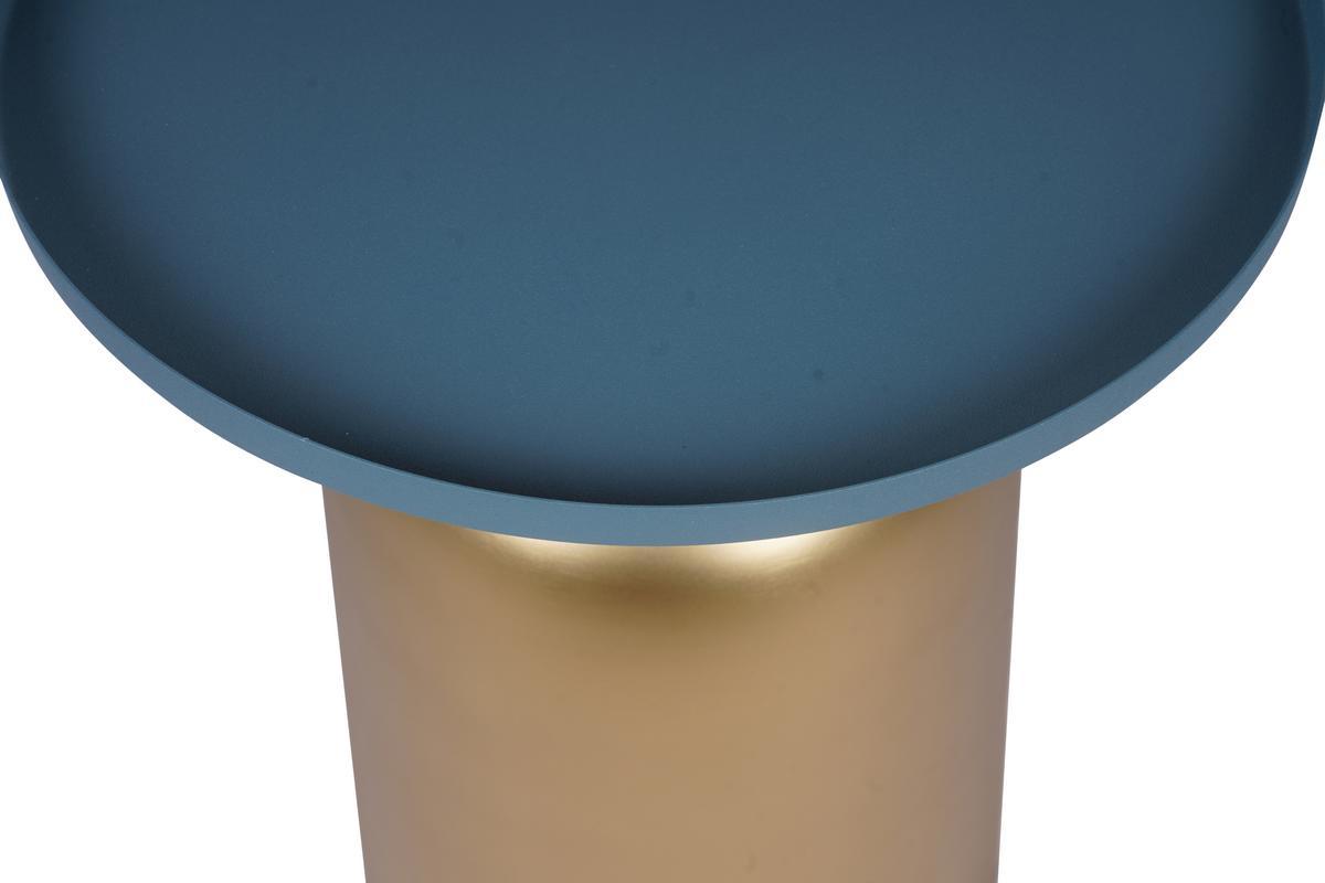 Table d'appoint design ronde en m�tal dor� et plateau bleu p�trole mat RAMSES