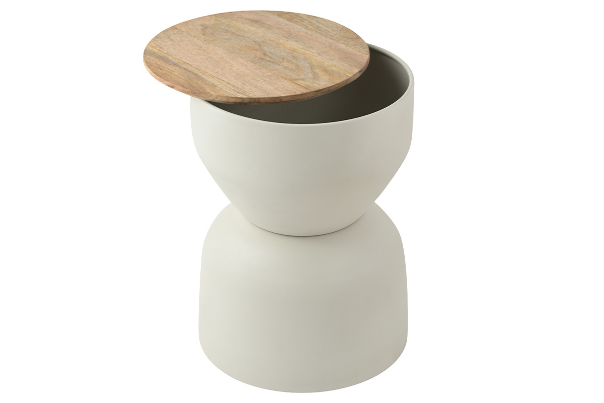 Table d'appoint ronde en m�tal gr�ge et bois de manguier avec rangement, plateau partiellement ouvert.