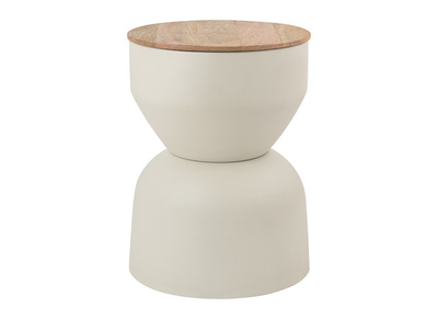 Table d'appoint ronde design avec rangement en m&eacute;tal gr&egrave;ge et bois manguier massif D30 cm YOYO