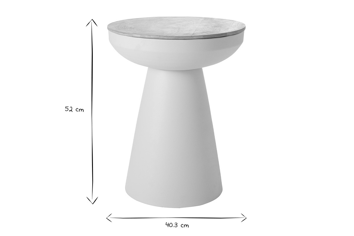 Table d'appoint ronde en noir et blanc avec dimensions 52 cm de haut et 40,3 cm de large.