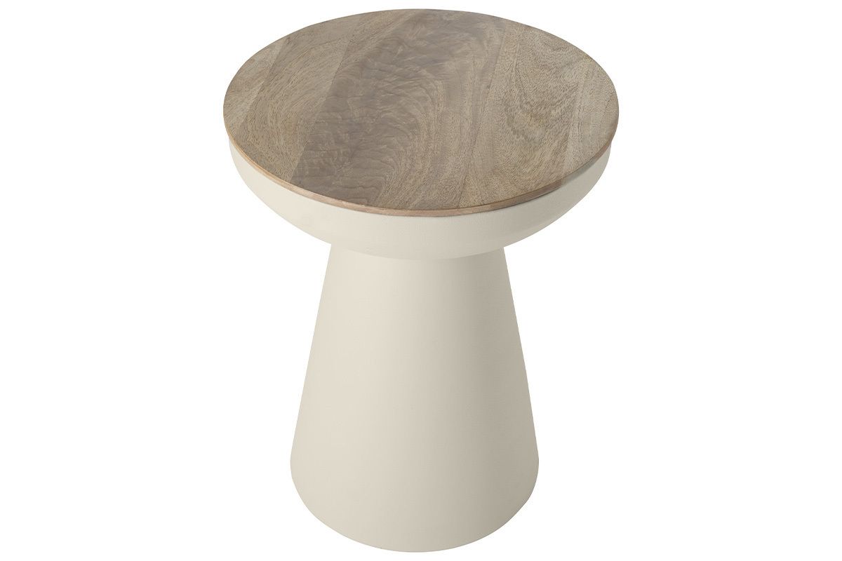 Table d'appoint ronde en m�tal gr�ge et bois manguier, vue de dessus.