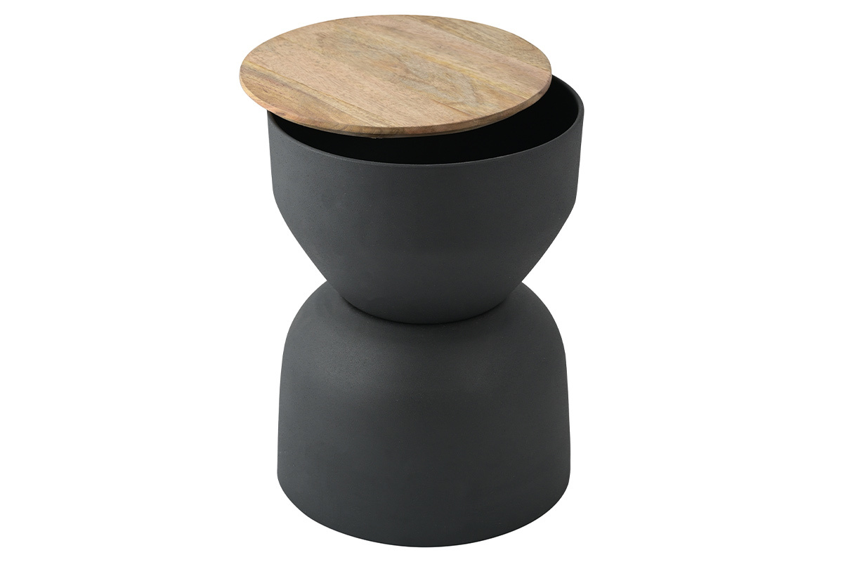 Table d'appoint ronde design avec rangement en m�tal gris anthracite et bois manguier massif D30 cm YOYO