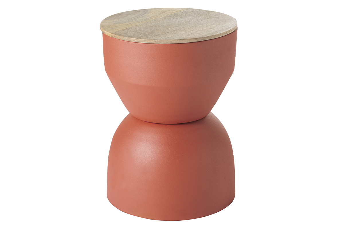 Table d'appoint ronde design avec rangement en m�tal terre brul�e et bois manguier massif D30 cm YOYO