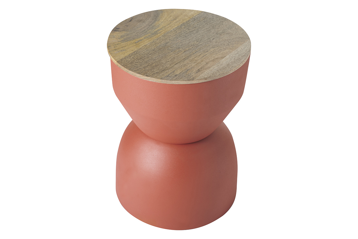 Table d'appoint ronde design avec rangement en m�tal terre brul�e et bois manguier massif D30 cm YOYO