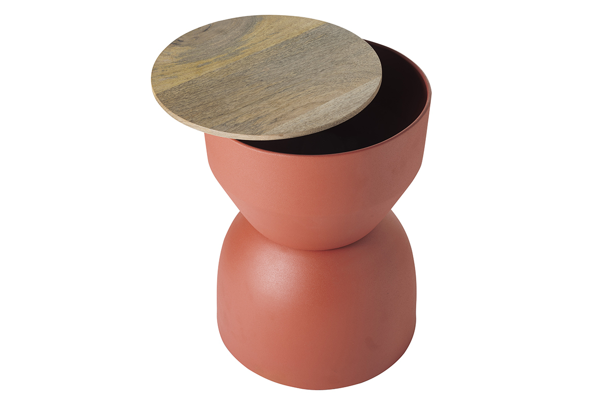 Table d'appoint ronde design avec rangement en m�tal terre brul�e et bois manguier massif D30 cm YOYO