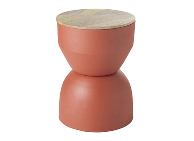 Table d'appoint ronde design avec rangement en m&eacute;tal terre brul&eacute;e et bois manguier massif D30 cm YOYO