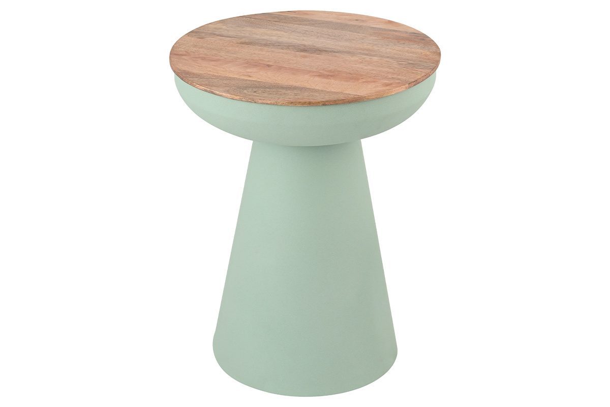 Table d'appoint ronde design avec rangement en m�tal vert c�ladon et bois manguier massif H52 cm TAM