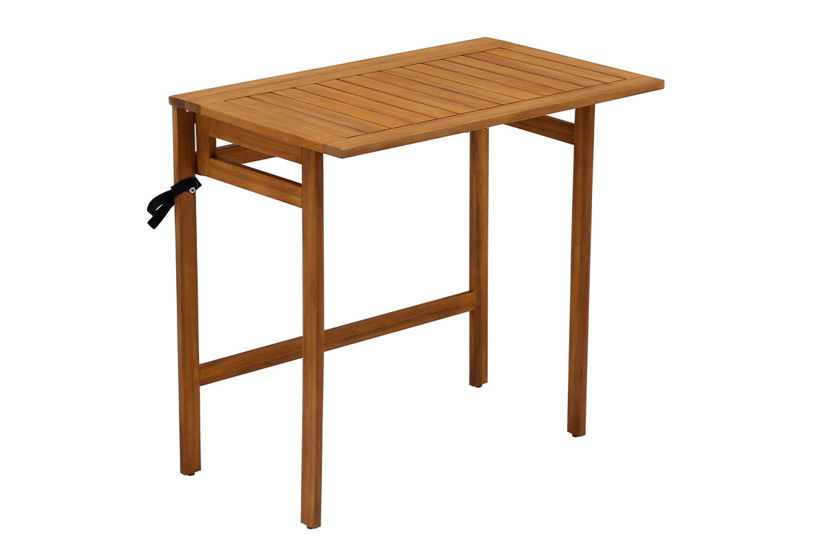 Table de balcon pliante en bois massif vue de 3/4, dimensions L80 x P50 x H76 cm.