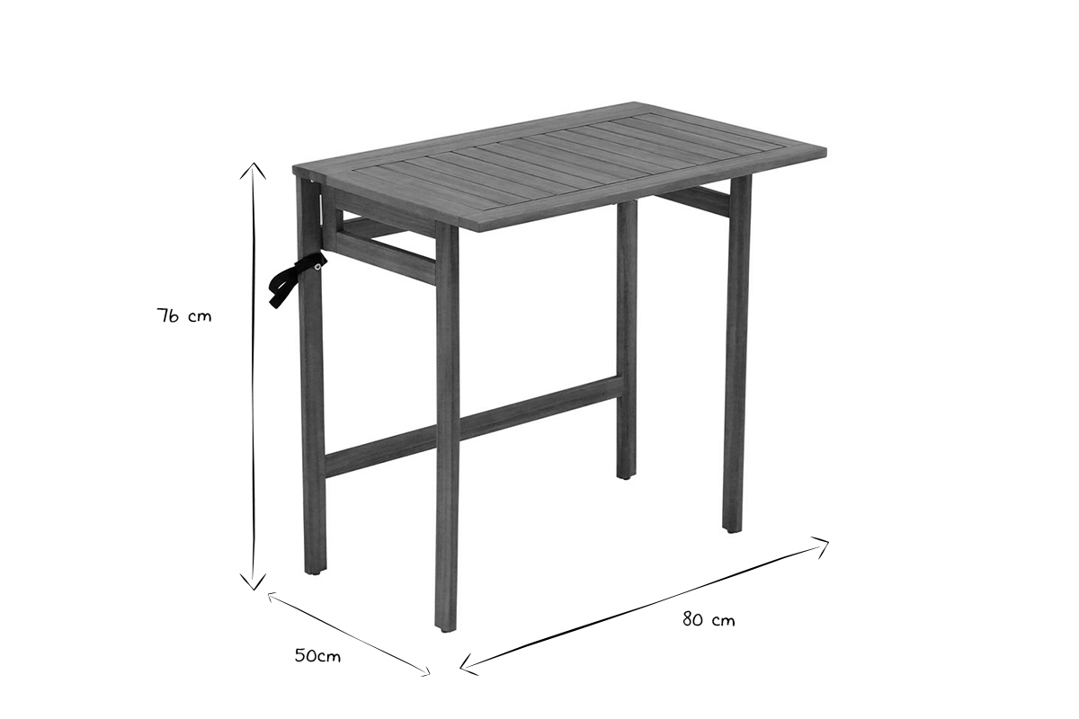 Dimensions de la table de balcon pliante en bois massif L80 cm, vue en noir et blanc