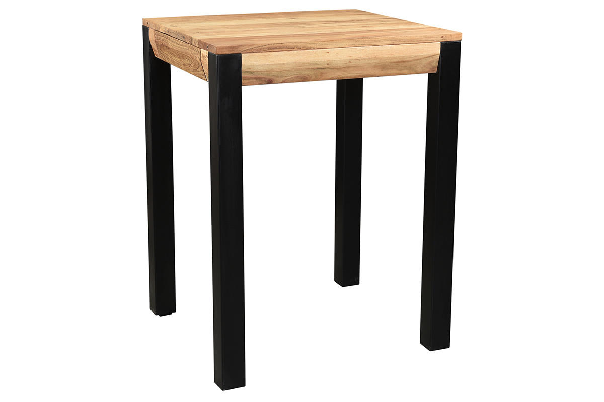Table de bar extensible en bois massif et m�tal vue de trois-quarts, avec plateau en acacia et pieds noirs.