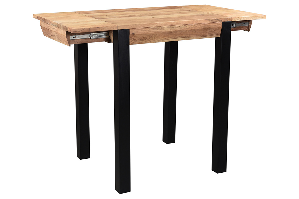 Table de bar extensible en bois massif et m�tal, vue de trois quarts, pieds noirs, plateau en acacia.