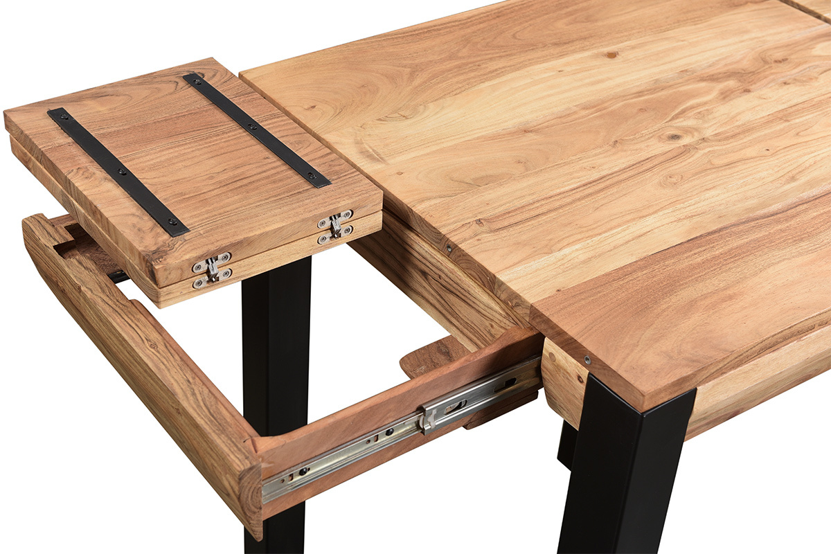 Table de bar extensible en bois massif et m�tal, vue rapproch�e des rallonges en acacia.