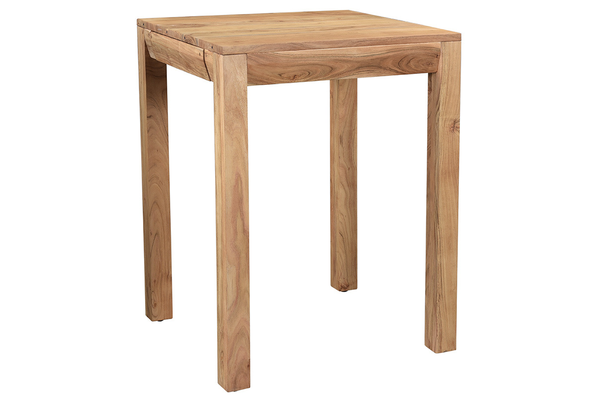 Table de bar haute extensible carr�e en bois massif, vue de 3/4, dimensions L80-135 cm.