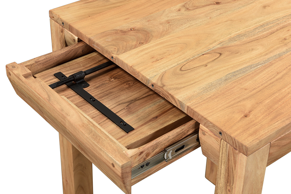 Table de bar haute extensible carr�e en bois massif, vue rapproch�e du plateau et des rallonges int�gr�es.