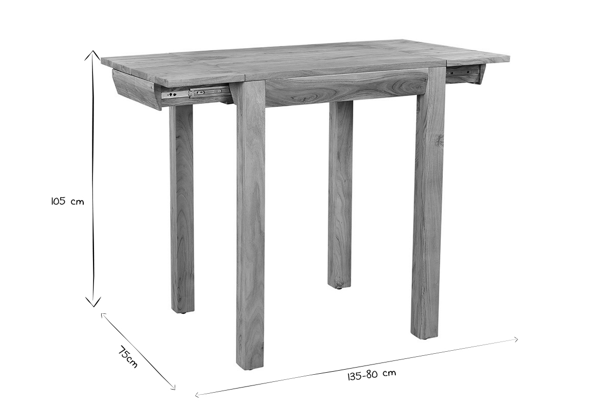 Dimensions de la table de bar haute extensible BALTO en noir et blanc, L80-135 x P75 x H105 cm.