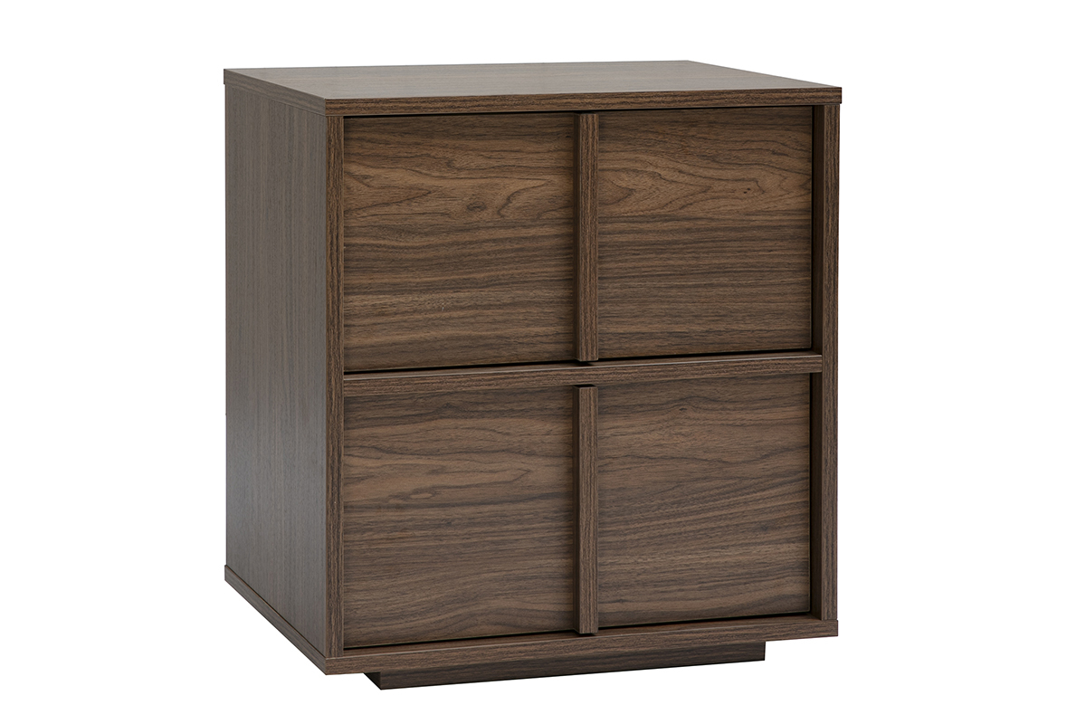 Table de chevet 2 tiroirs en finition bois fonc� noyer, vue de 3/4