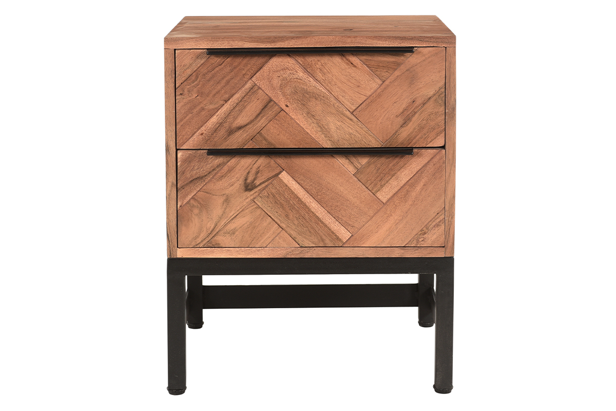 Table de chevet avec rangements 2 tiroirs � motifs chevrons en bois massif et m�tal noir STICK