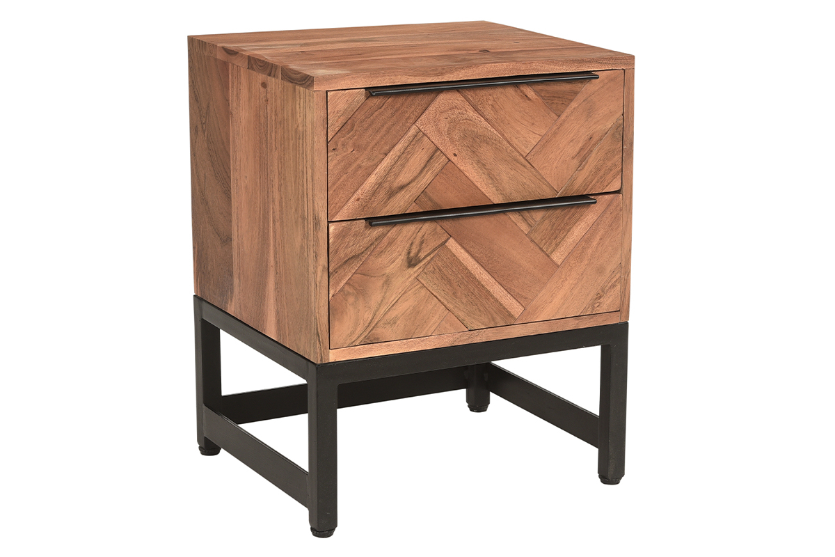 Table de chevet avec rangements 2 tiroirs � motifs chevrons en bois massif et m�tal noir STICK