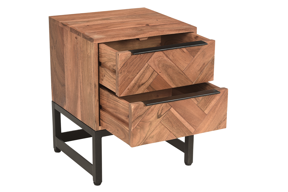 Table de chevet avec rangements 2 tiroirs � motifs chevrons en bois massif et m�tal noir STICK