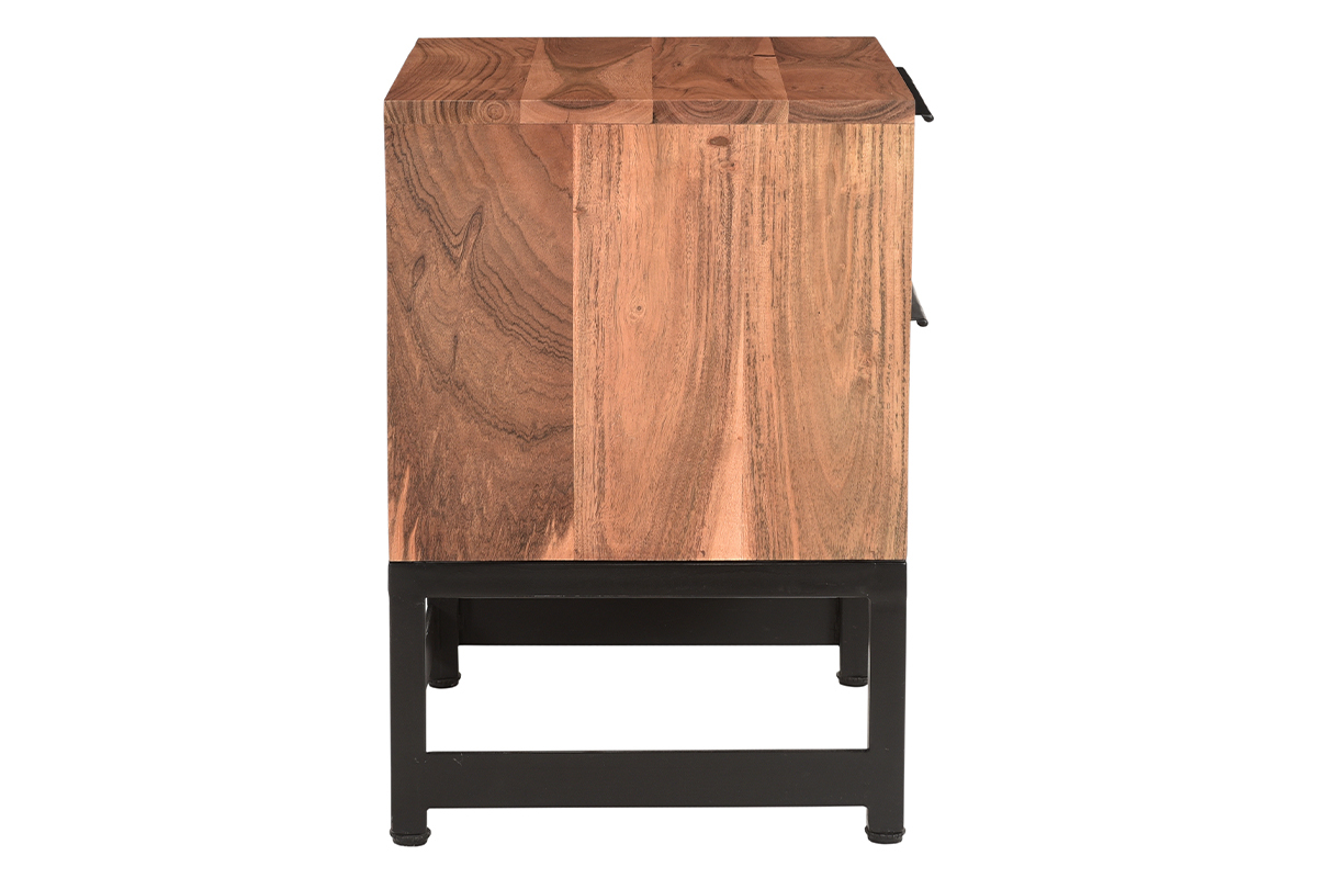 Table de chevet avec rangements 2 tiroirs � motifs chevrons en bois massif et m�tal noir STICK